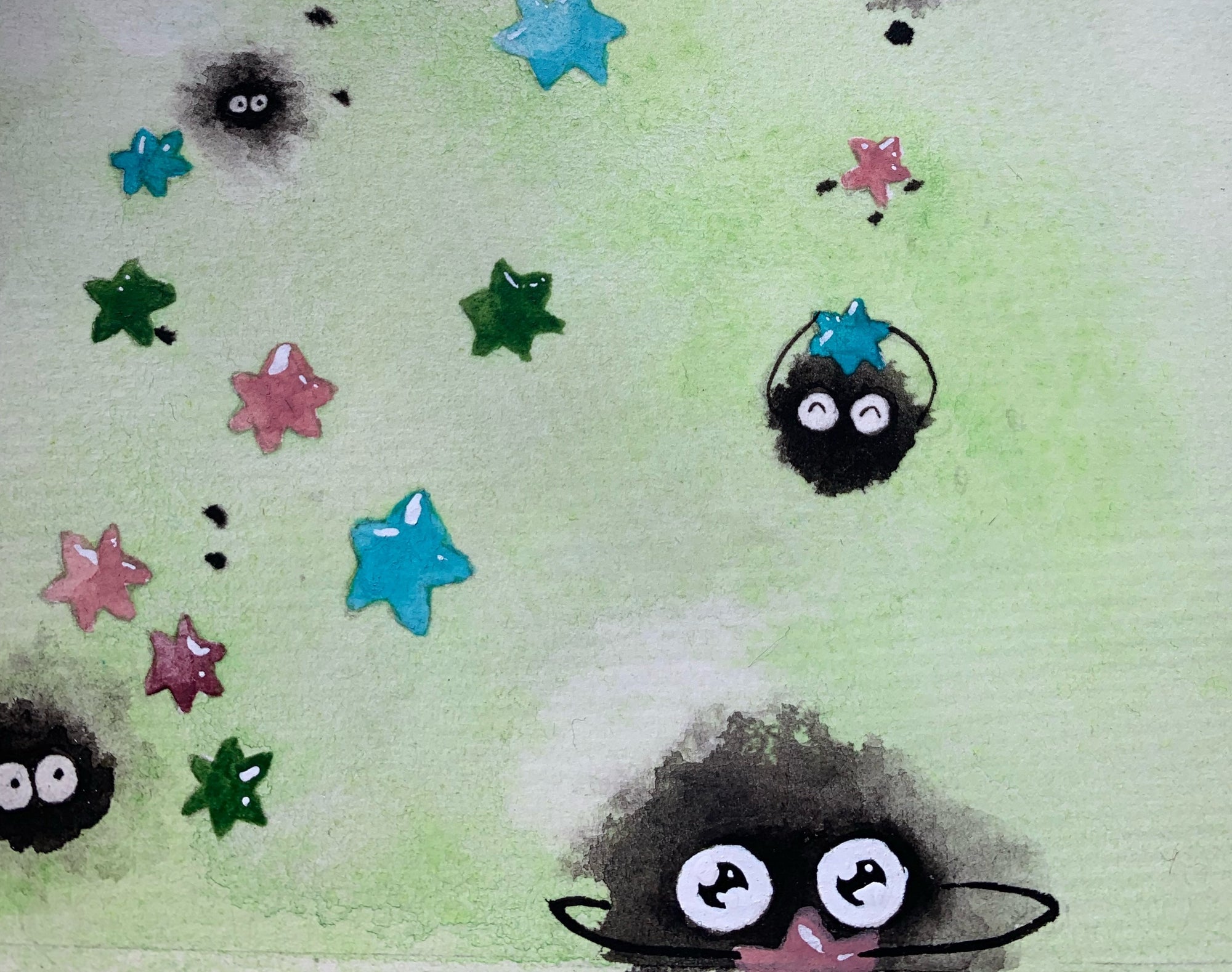 Watercolor painting of dust sprites with little faces holding stars inspired by Ghibli movies