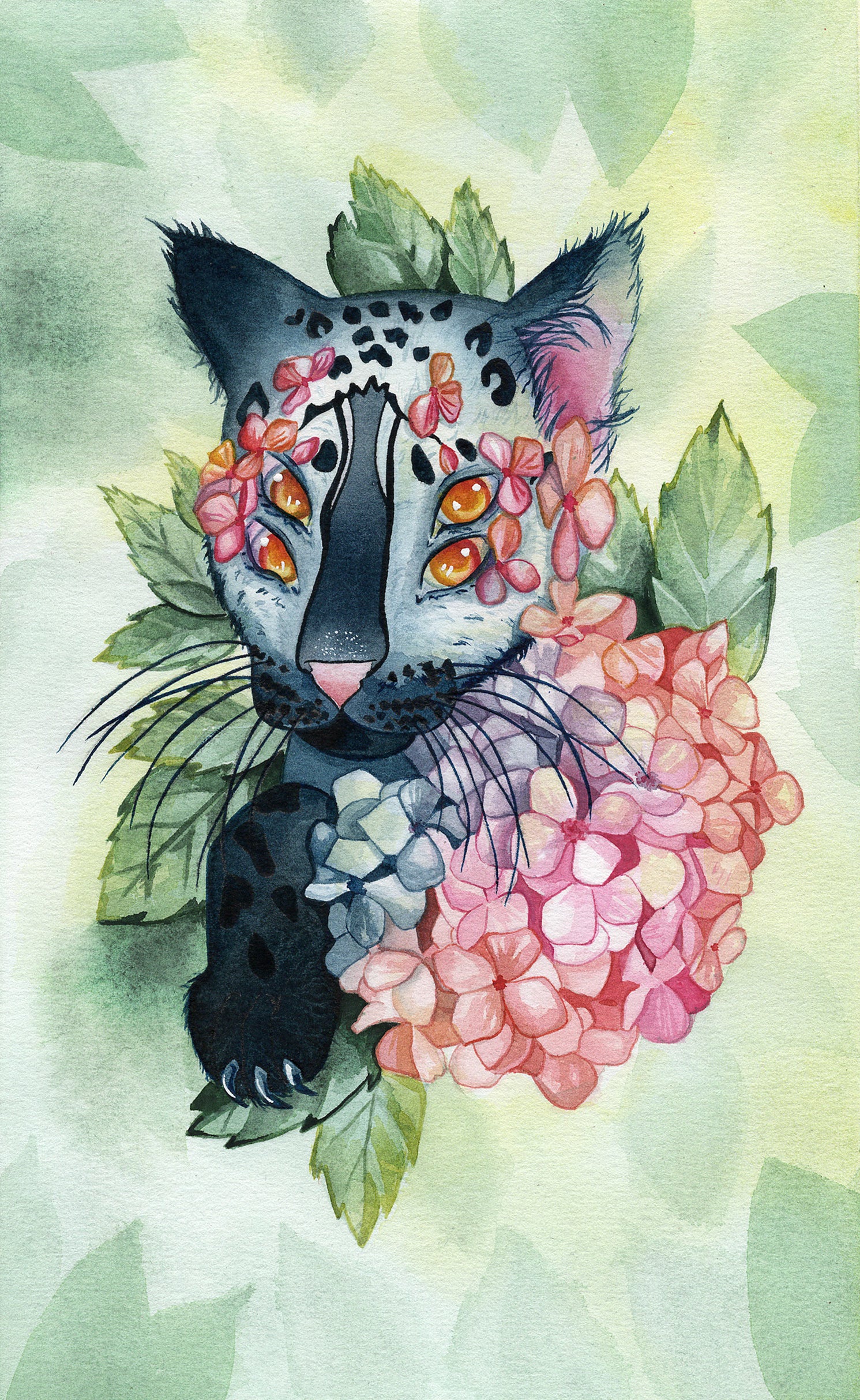 Watercolor painting of a four eyes cat with flowers growing from its face. The cat is inspired by a snow leopard and is surrounded by hydrangea flowers.