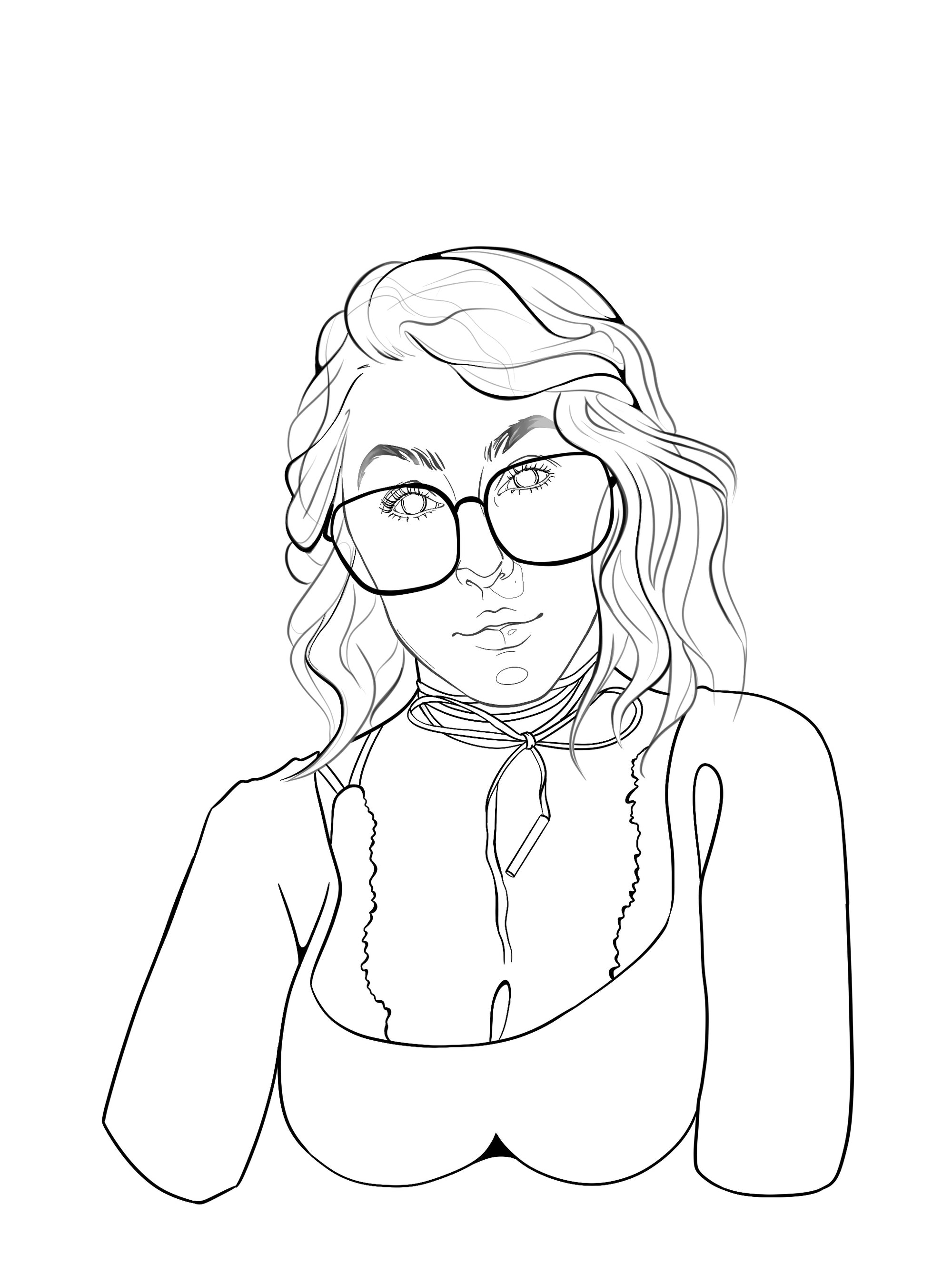 A black and white image of a digital line portrait of a woman with curly hair wearing glasses