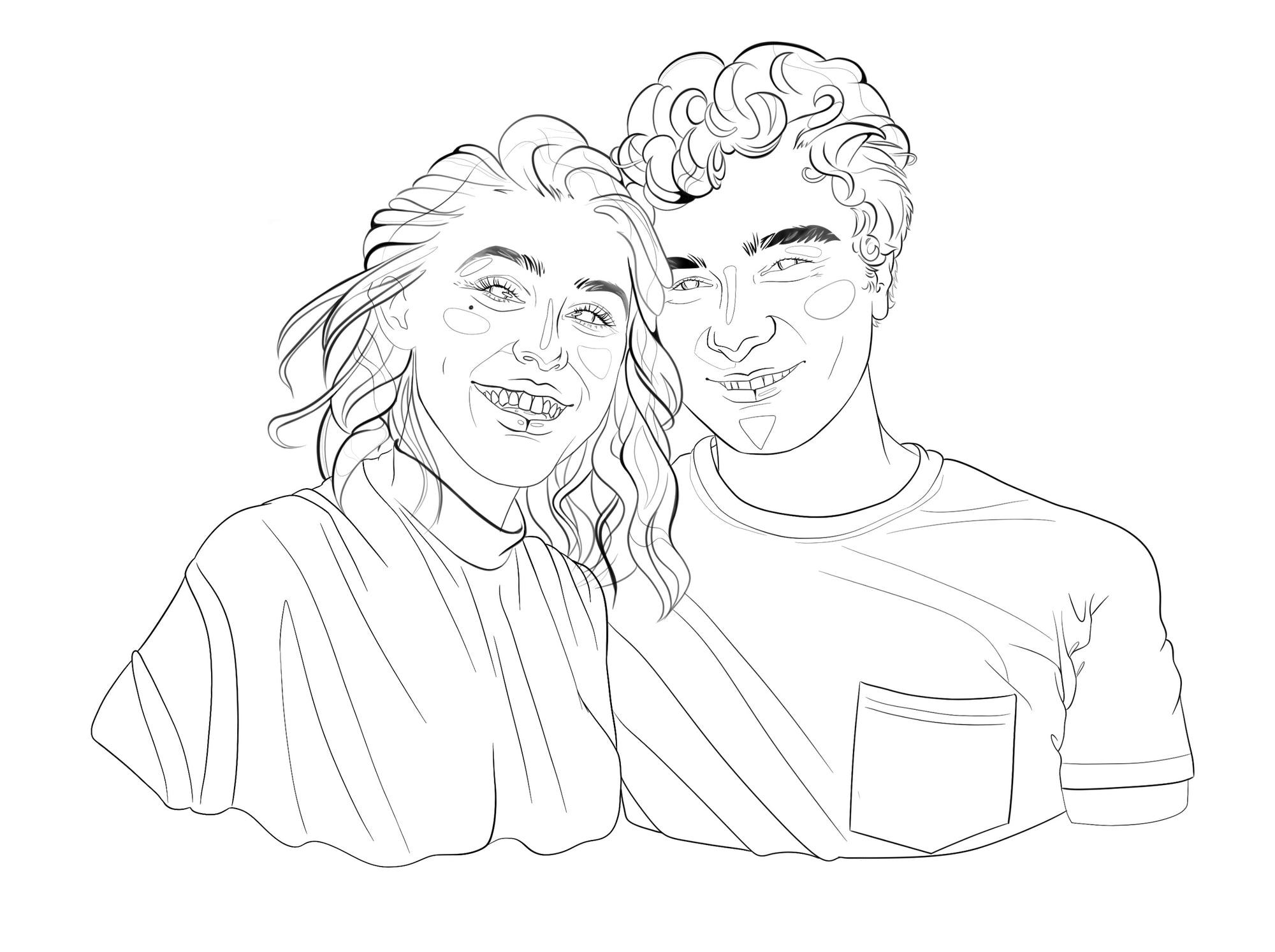 A black and white image of a digital line portrait of a smiling hetero couple