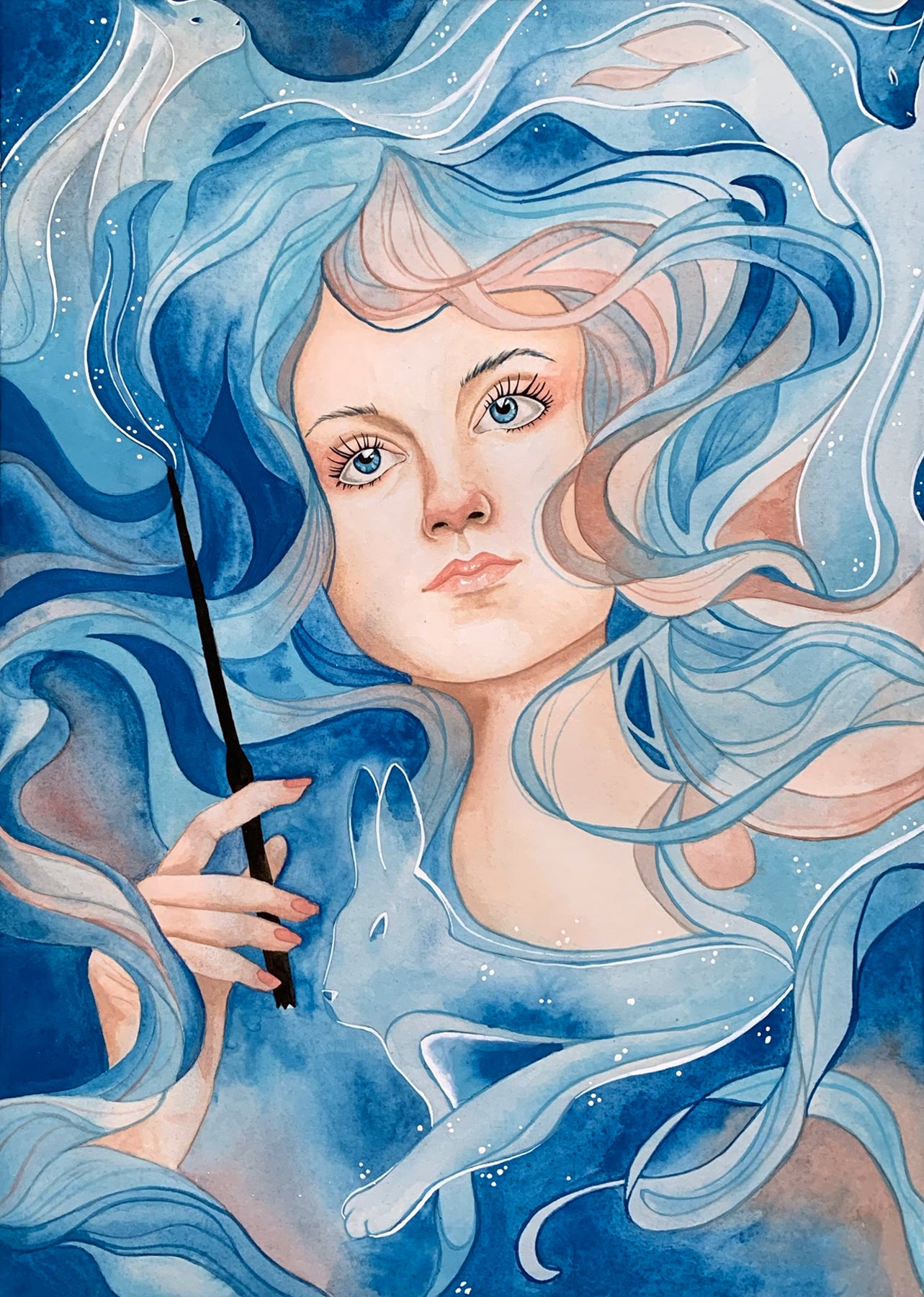 Watercolor painting done in blues and peach of the character Luna Lovegood from the Harry Potter movie series. She's holding a wand and casting her rabbit Patronus charm.