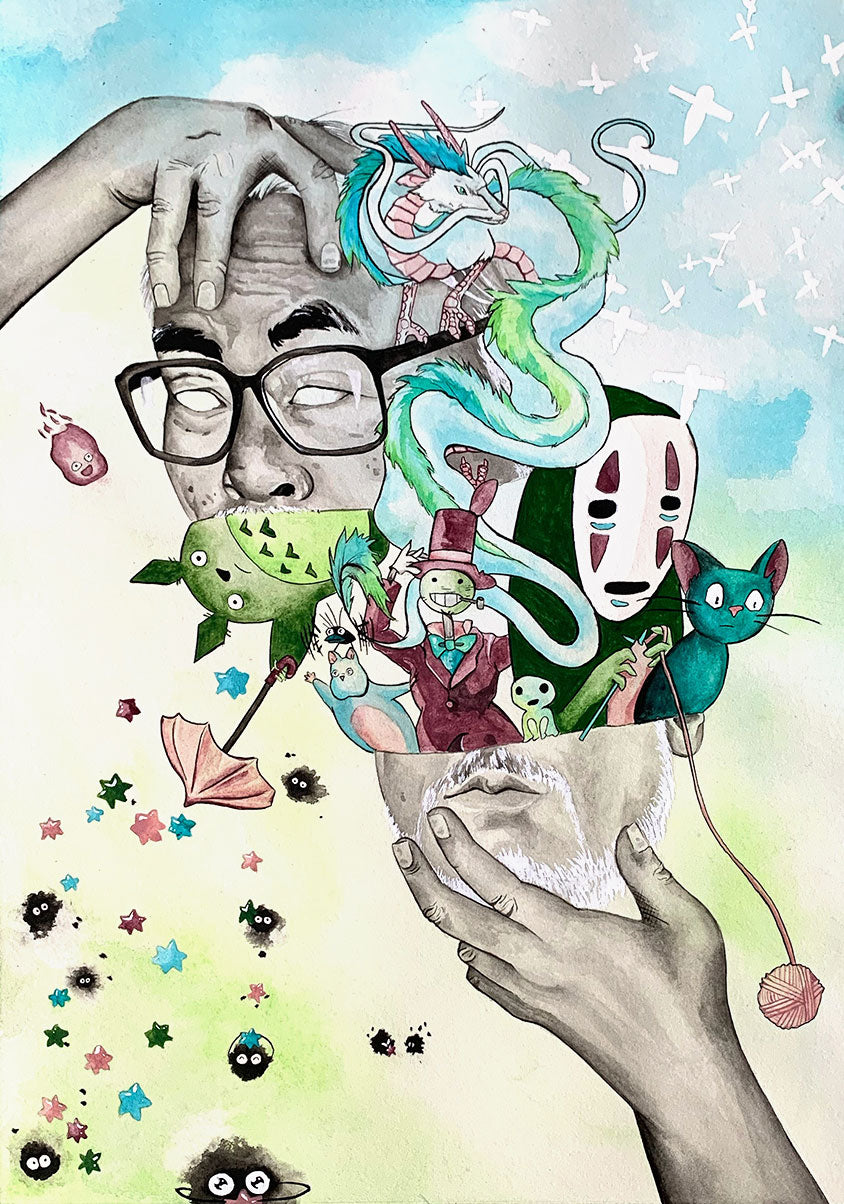 Surreal watercolor painting of Ghibli creator Hayao Miyazaki. His face has been sliced in half to reveal some of his most recognizable characters like to Noface and Totoro.