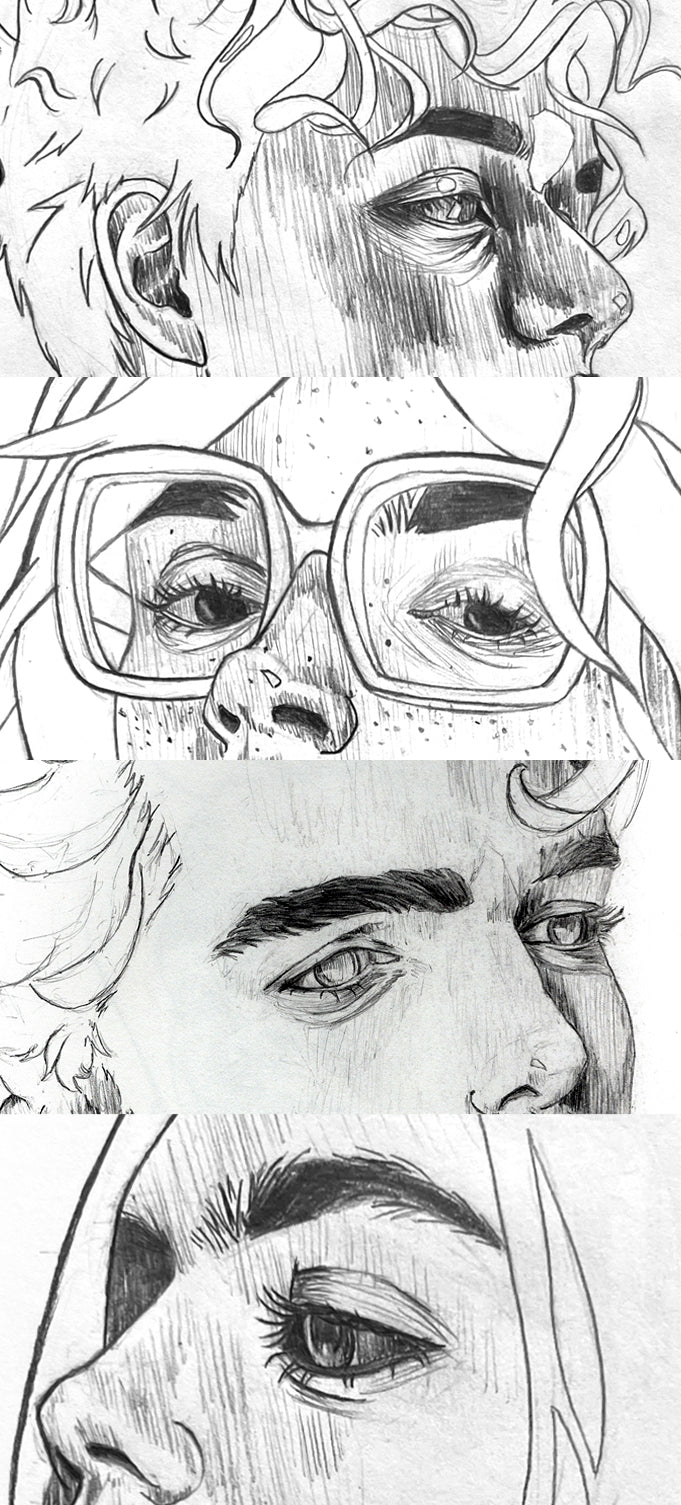 Four graphite portrait sketches cropped to contain the face from the bottom of the nose to the eyebrows