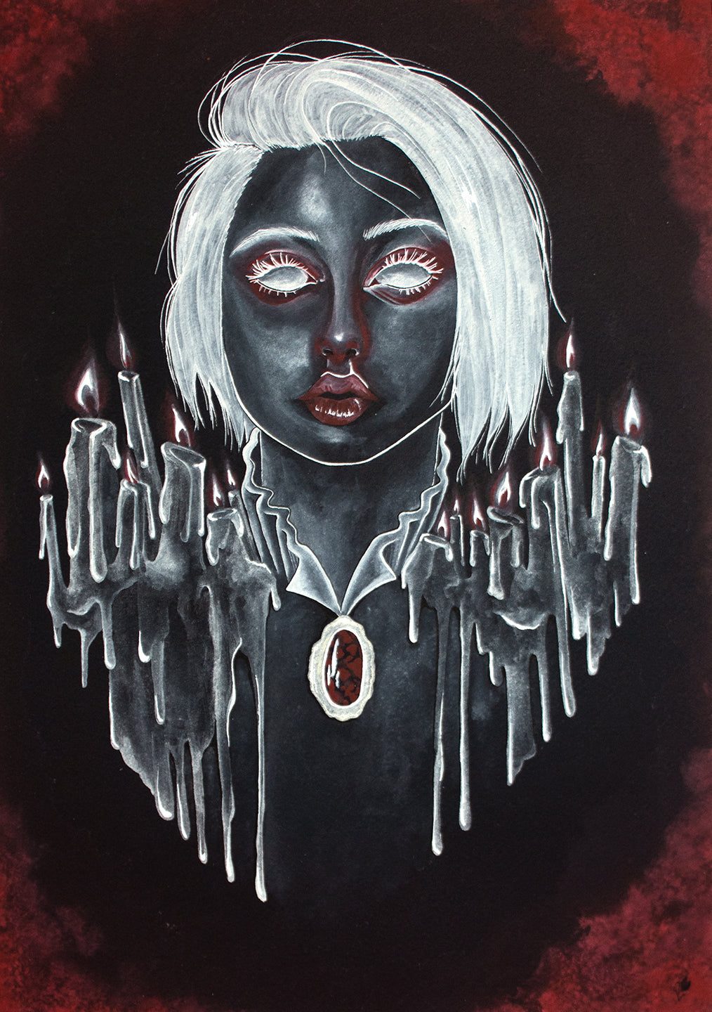 A watercolor painting done using only white and red on black paper of a ghostly woman with tall candles melting wax on her shoulders
