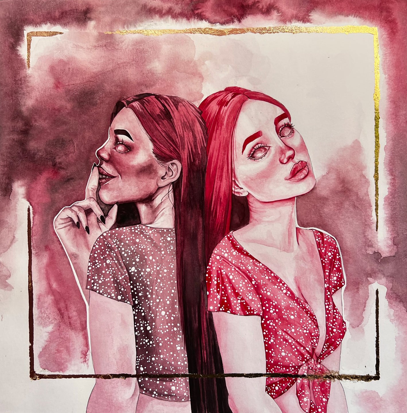 Monochrome red watercolor painting depicting the concept of being Two-Faced. Features one woman painted twice back to back, one is done in a light appealing shade of red and has a "nice" demeanor, the other is painted in a dark shade of red, she is making the "shhhh" motion wile smiling in a way that seems evil.