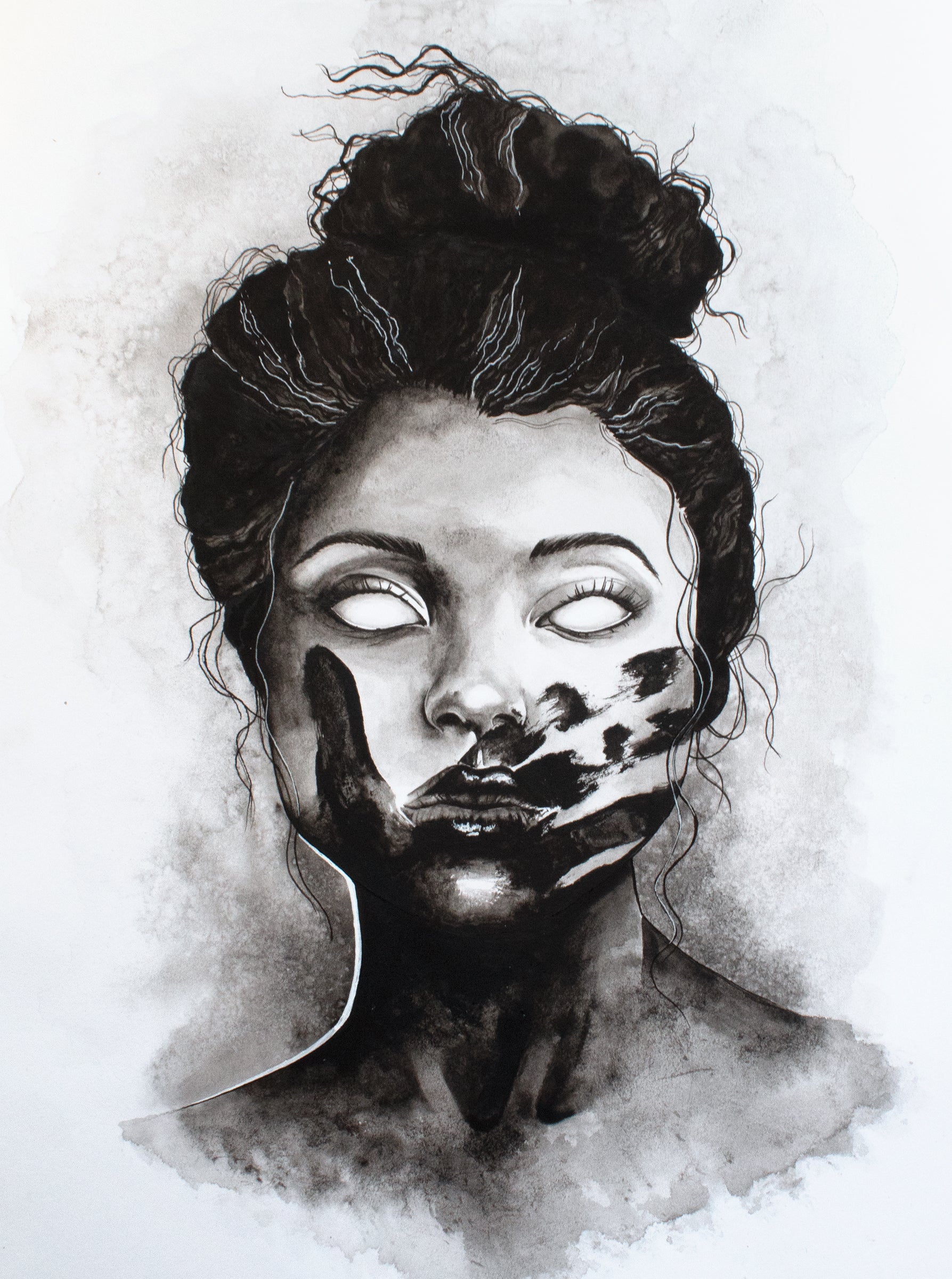 A black and white watercolor painting of a woman with a large handprint over the lower half of her face