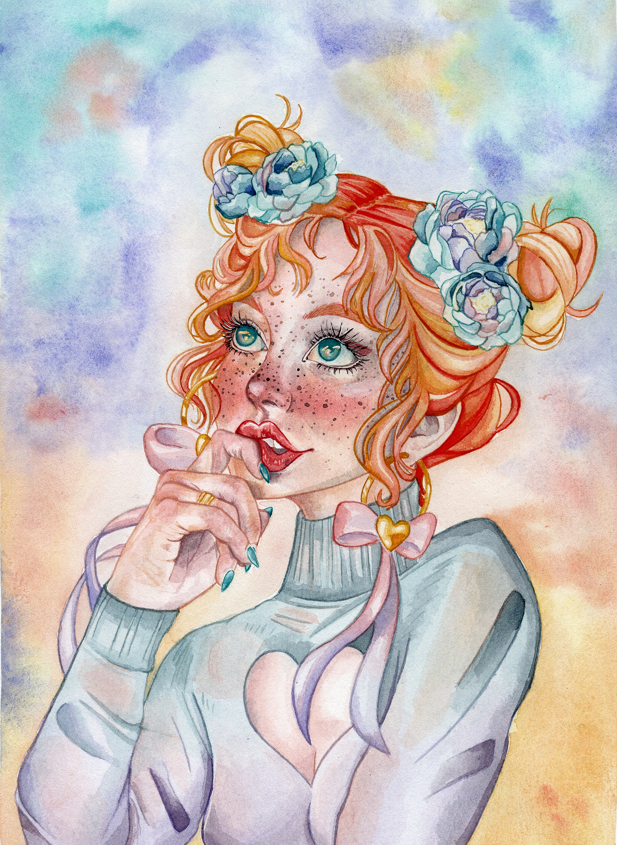 Watercolor painting of a redhead. Her hair is put in two buns at the top of her head with flowers around them. She's wearing a blue and purple turtleneck sweater with a heart cutout over the chest.
