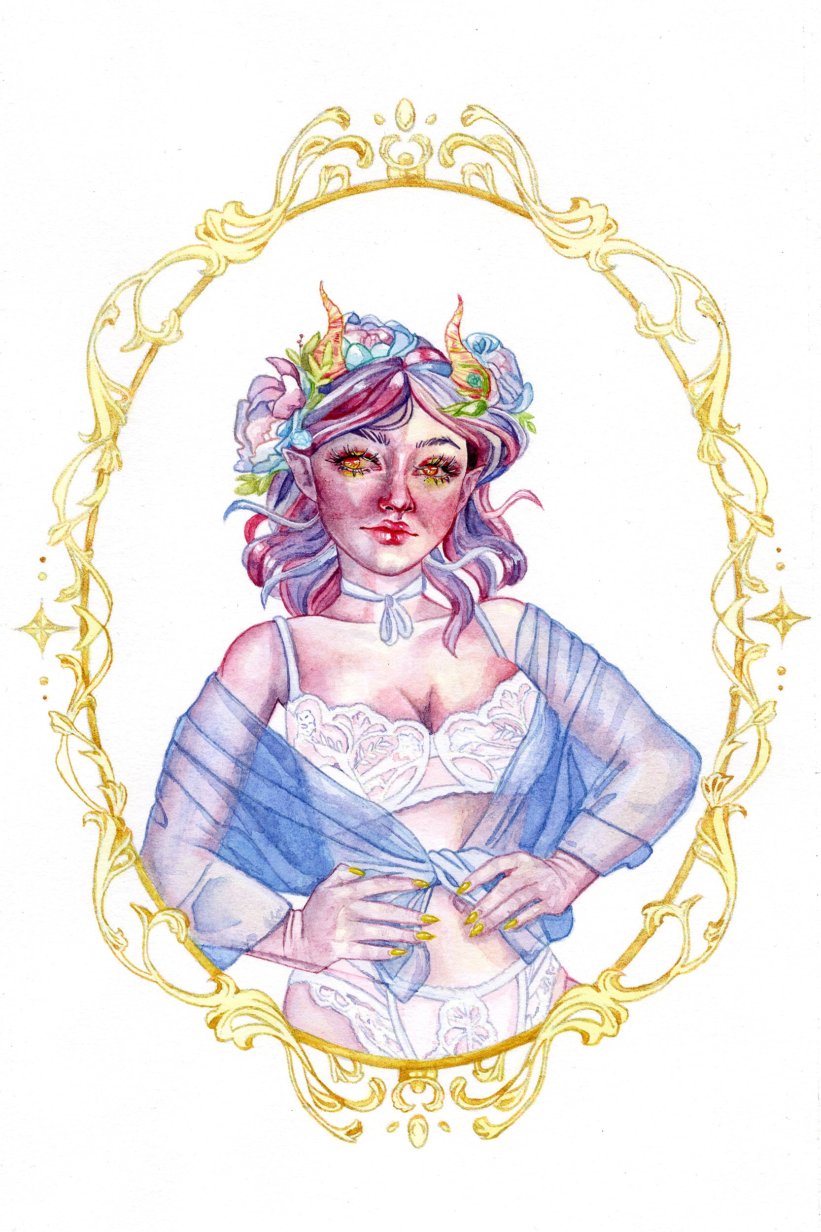 Watercolor painting of a demon girl in lingerie. She has horns a little elf ears with flowers in her hair.