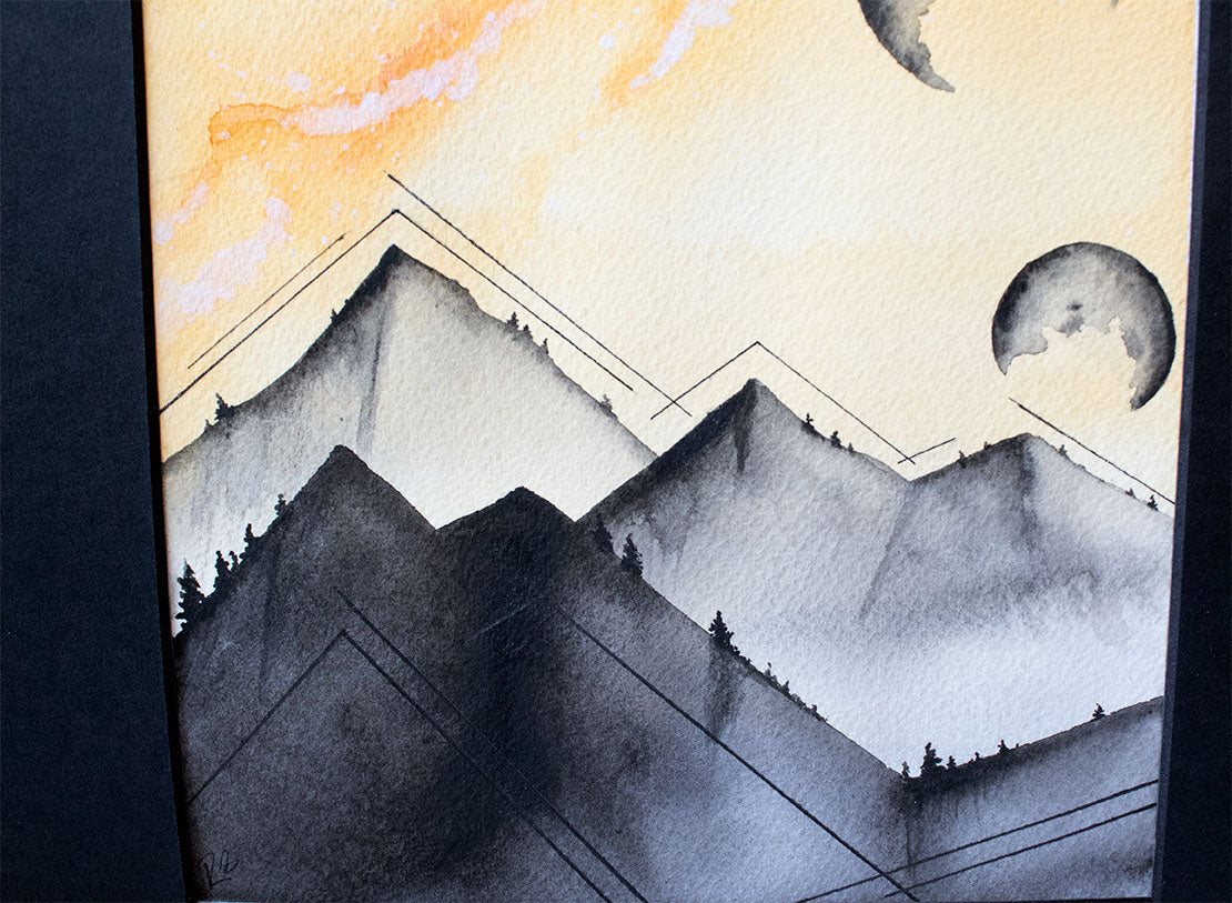 Orange-Moon-Mountains-Watercolor-Painting